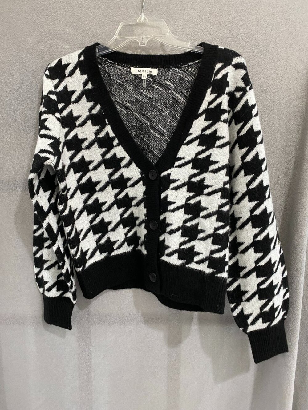 Miracle Black & White Houndstooth Button Front Cardigan Sweater S/M Cozy Chic